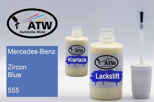 Mercedes-Benz, Zircon Blue, 555: 20ml Lackstift + 20ml Klarlack - Set, von ATW Autoteile West.